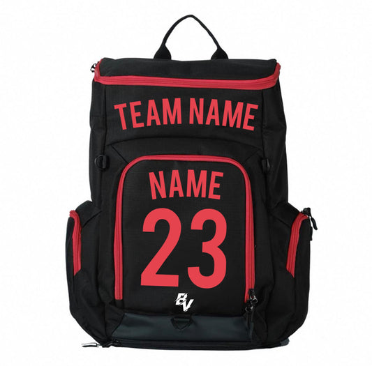 Black & Red Sports Backpack - Custom and Personalized - With Ball Holder