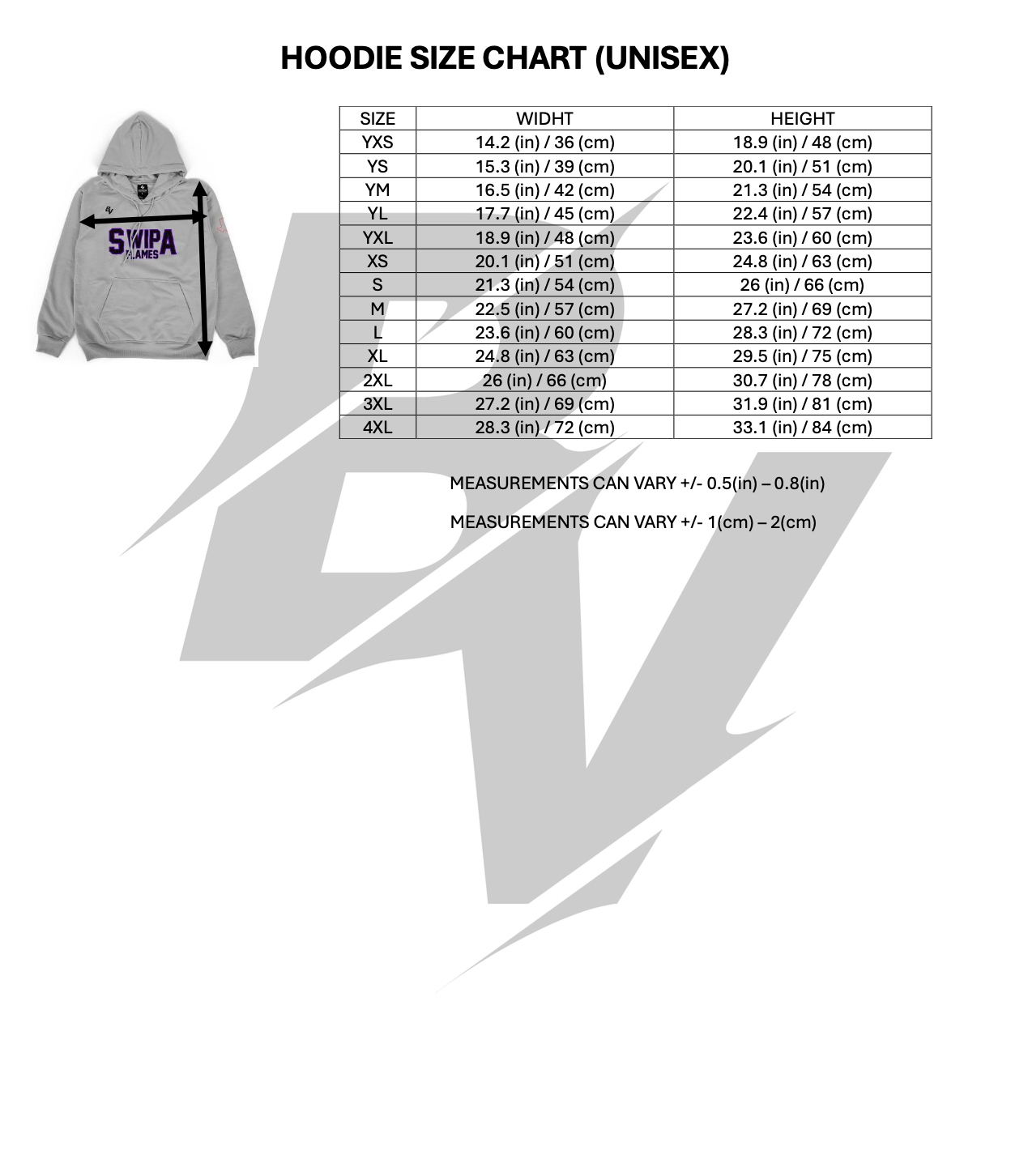 Ballerville Custom Hoodie Size Chart